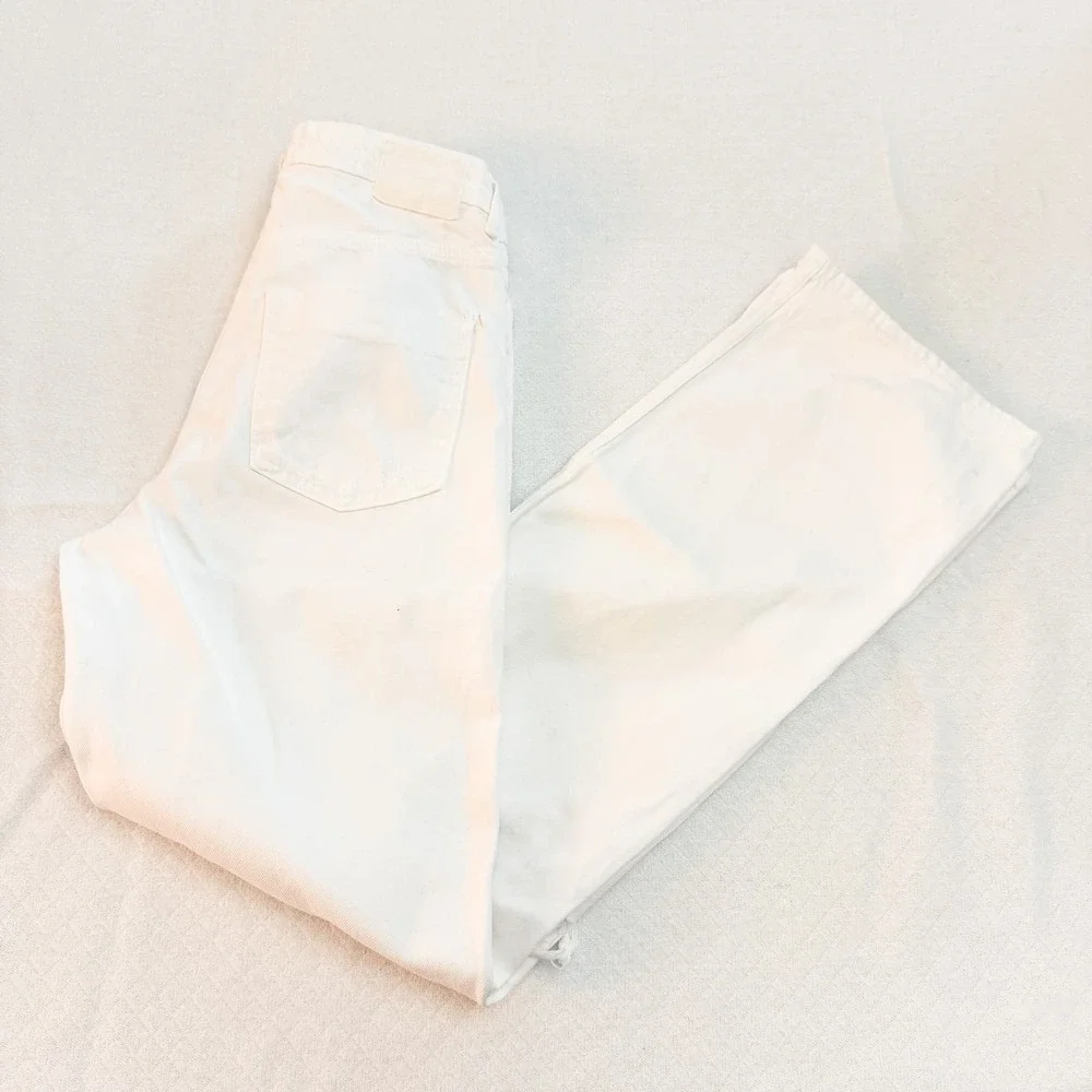 Zara Flare White Denim Jeans Button Fly Ripped Throuhout Size 06